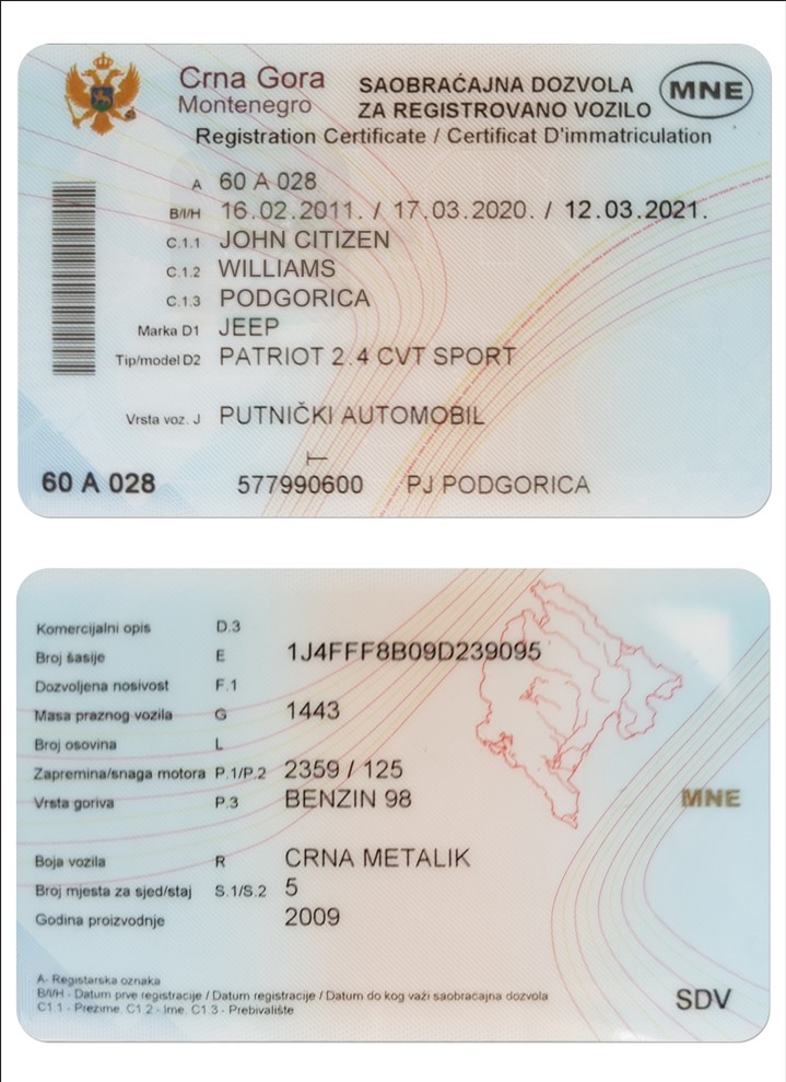 MONTENEGRO vehicle registration certificate